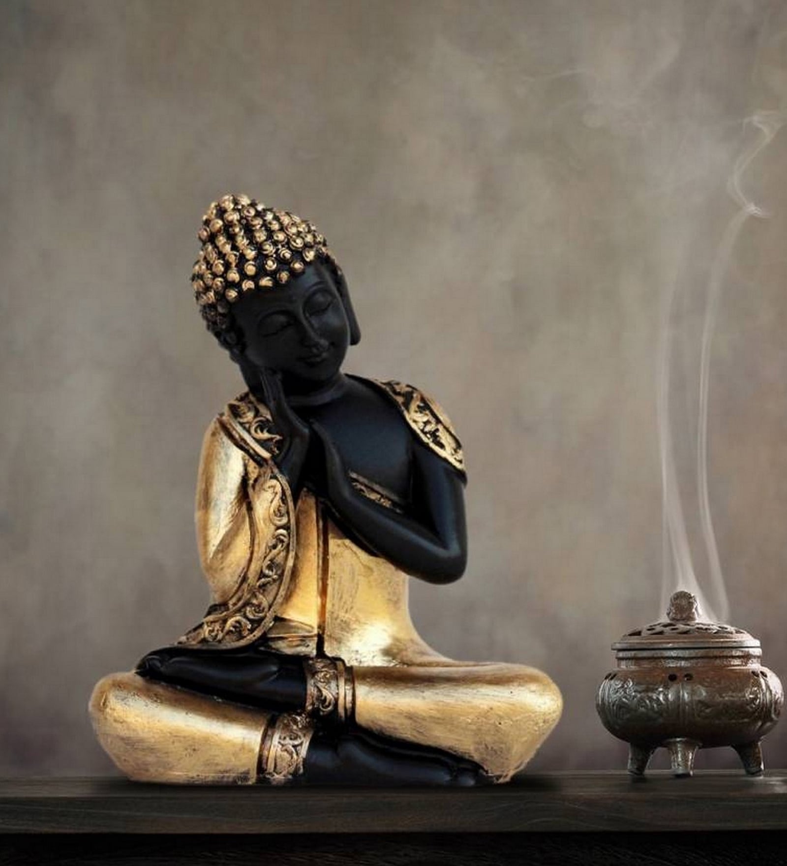 Sitting Buddha Gold & Black Polyresin Idol