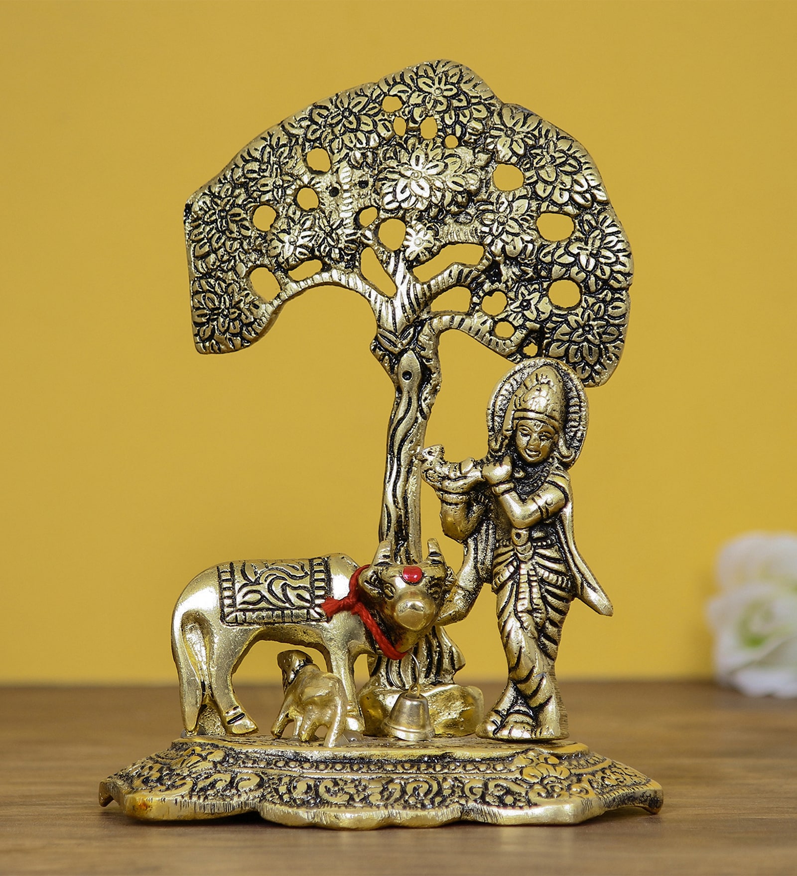 Golden Polyresin Lord Krishna playing Flute under Tree Idol