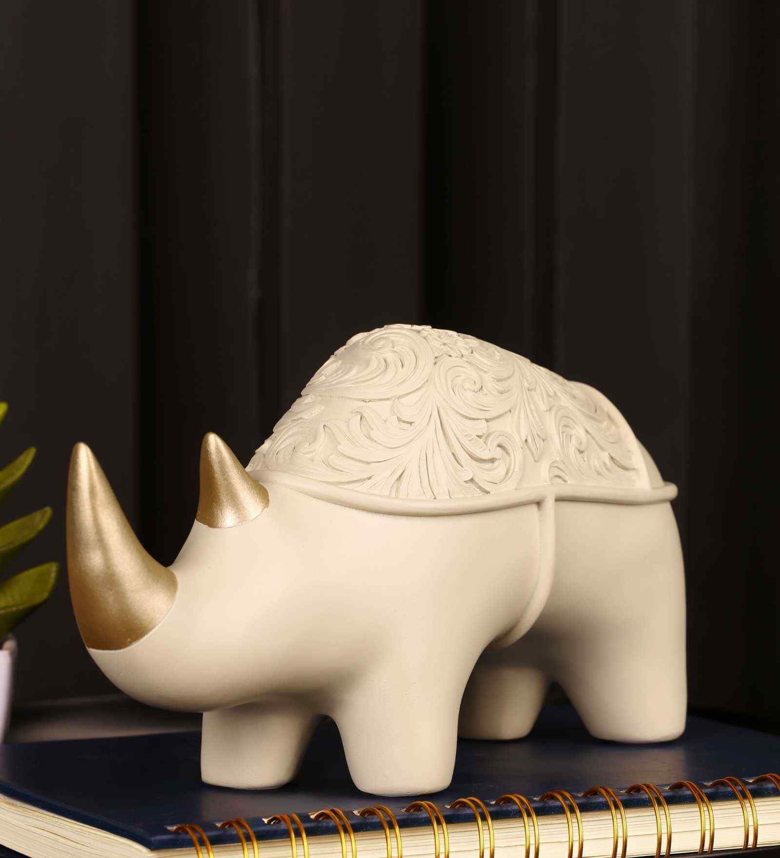 White & Golden Rhino Resin Artifact