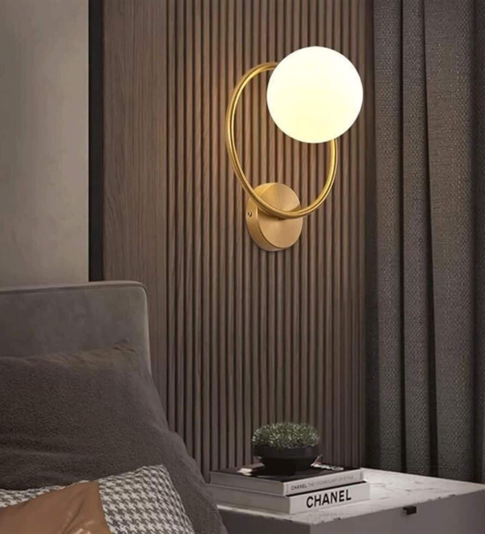 Golden Ring Wall Light with White Glass Globe