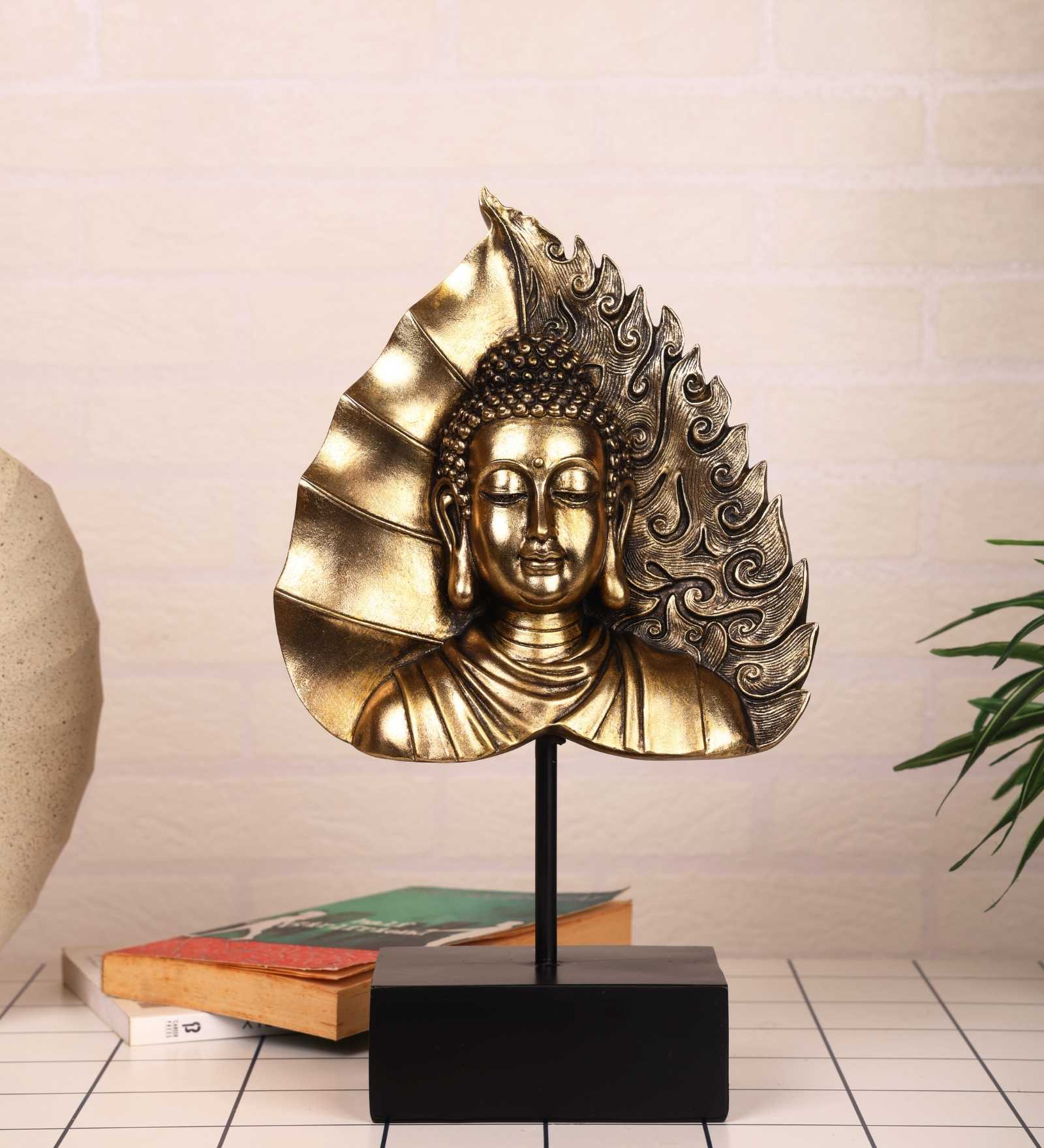 Golden Serenity Buddha On Ficus Leaf Resin & Metal Sculpture