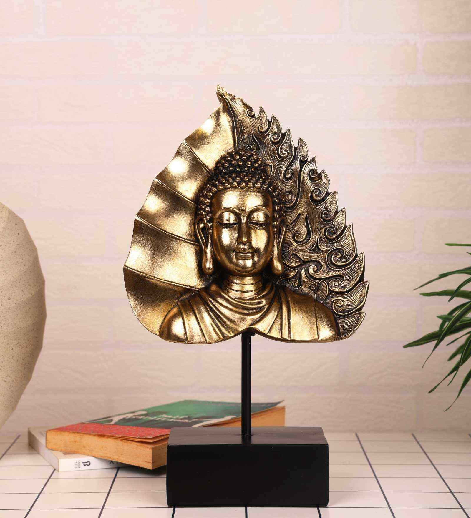 Golden Serenity Buddha On Ficus Leaf Resin & Metal Sculpture