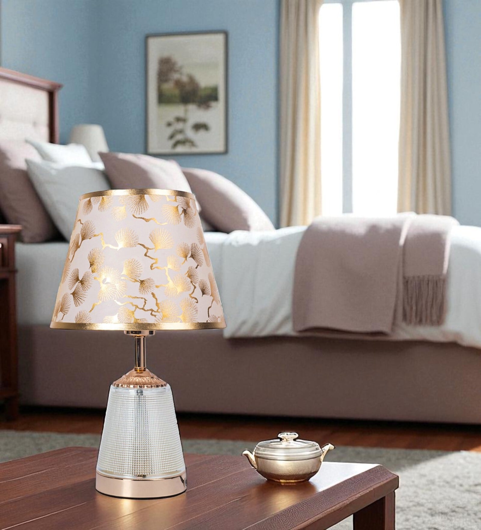 Golden Table Lamp With Fusion Of Modern Design Fiberglass  Matelic Base