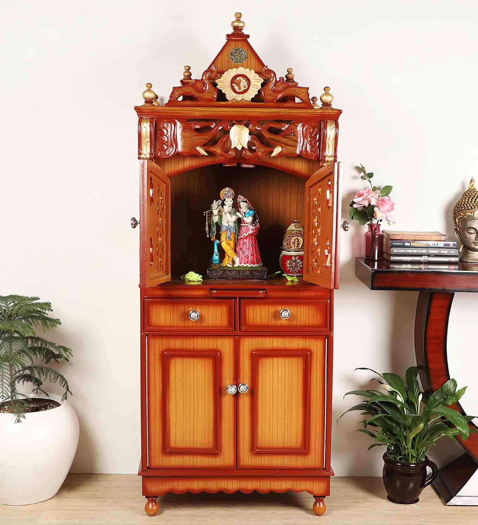 Golden Teak Wood Floor Rested Mandir With Door