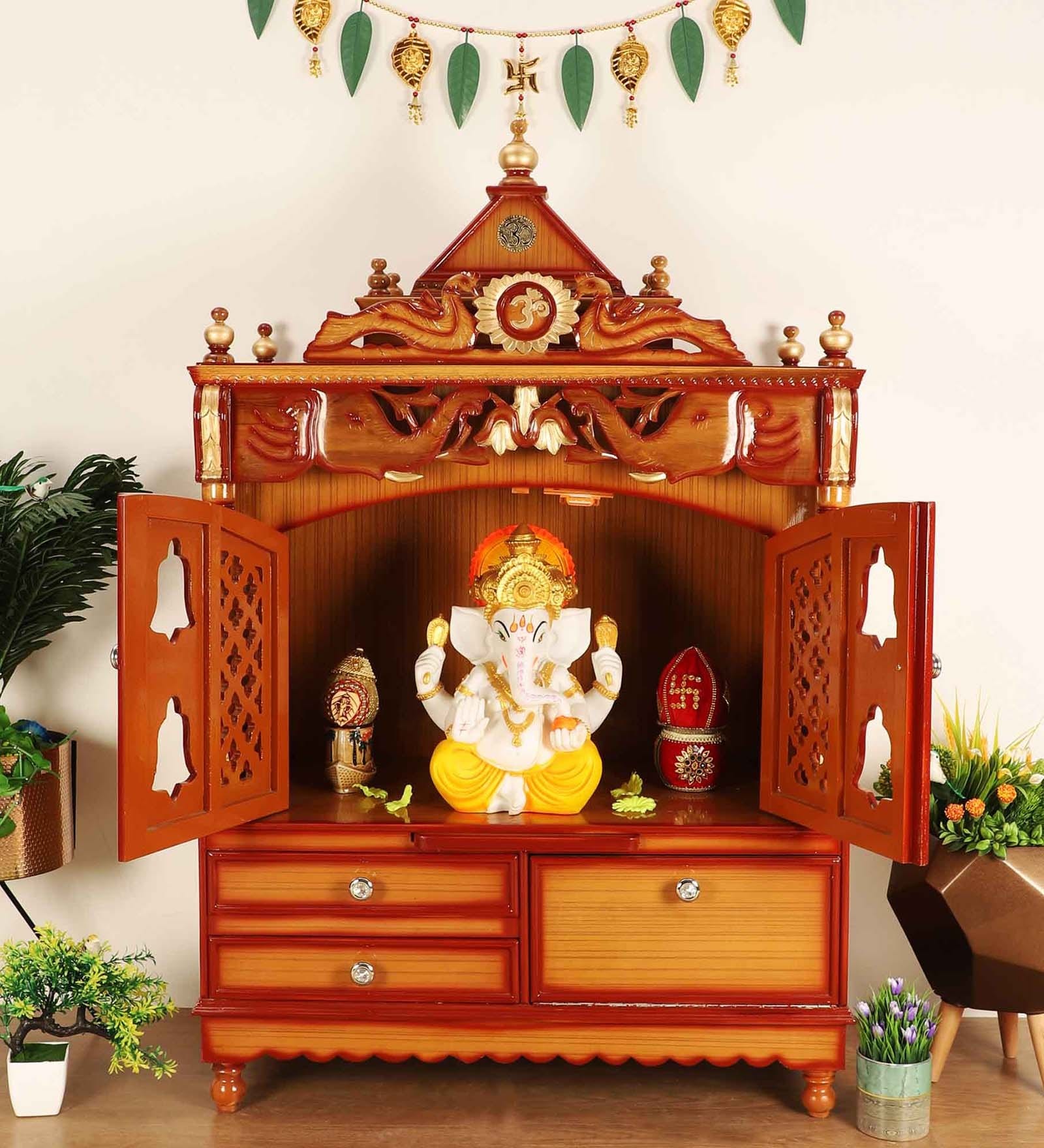 Buy Gold Teak Wood Floor Rested Mandir With Door at 40% OFF by DZYN ...