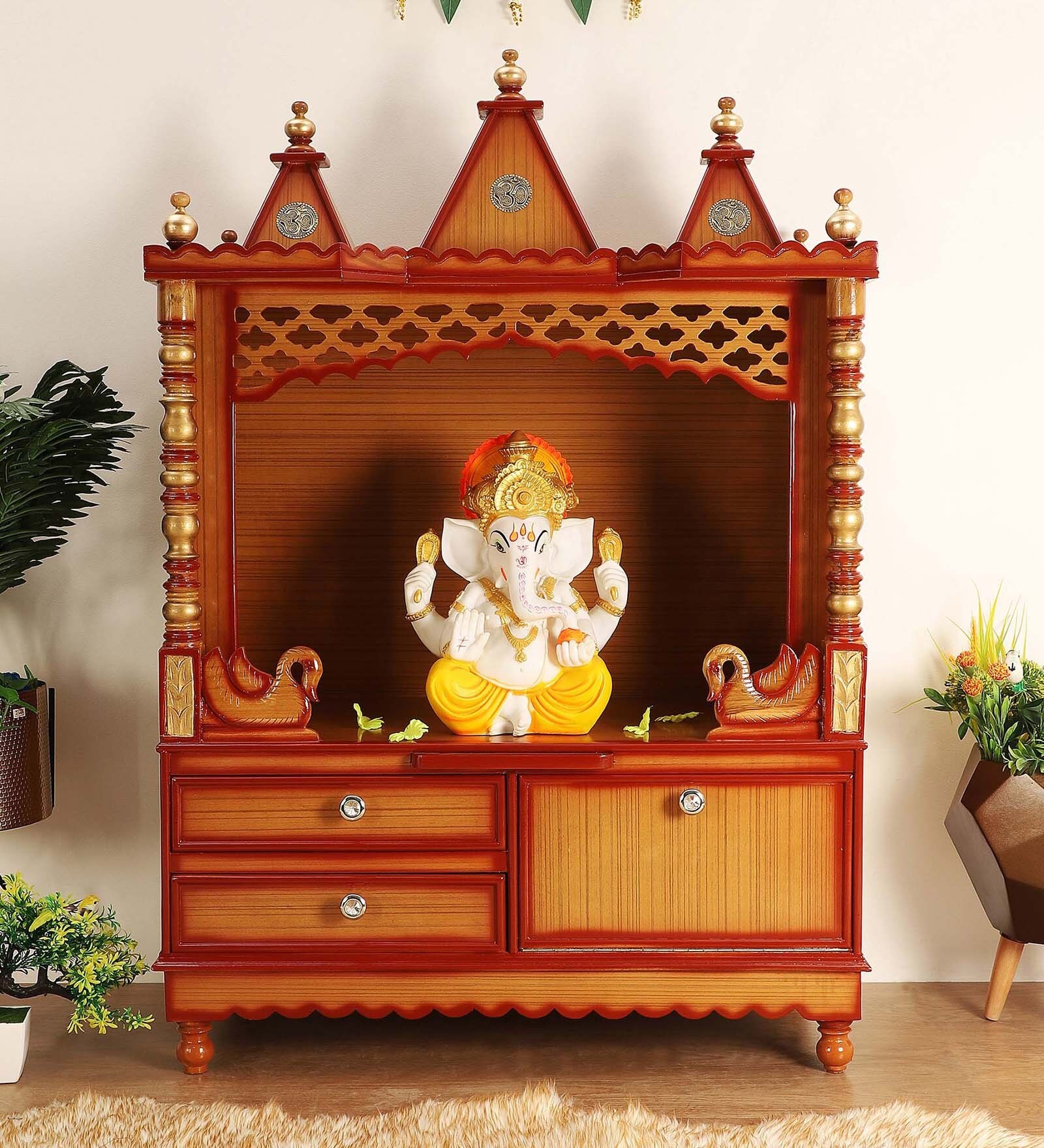 Golden Teak Wood Floor Rested Mandir Without Door
