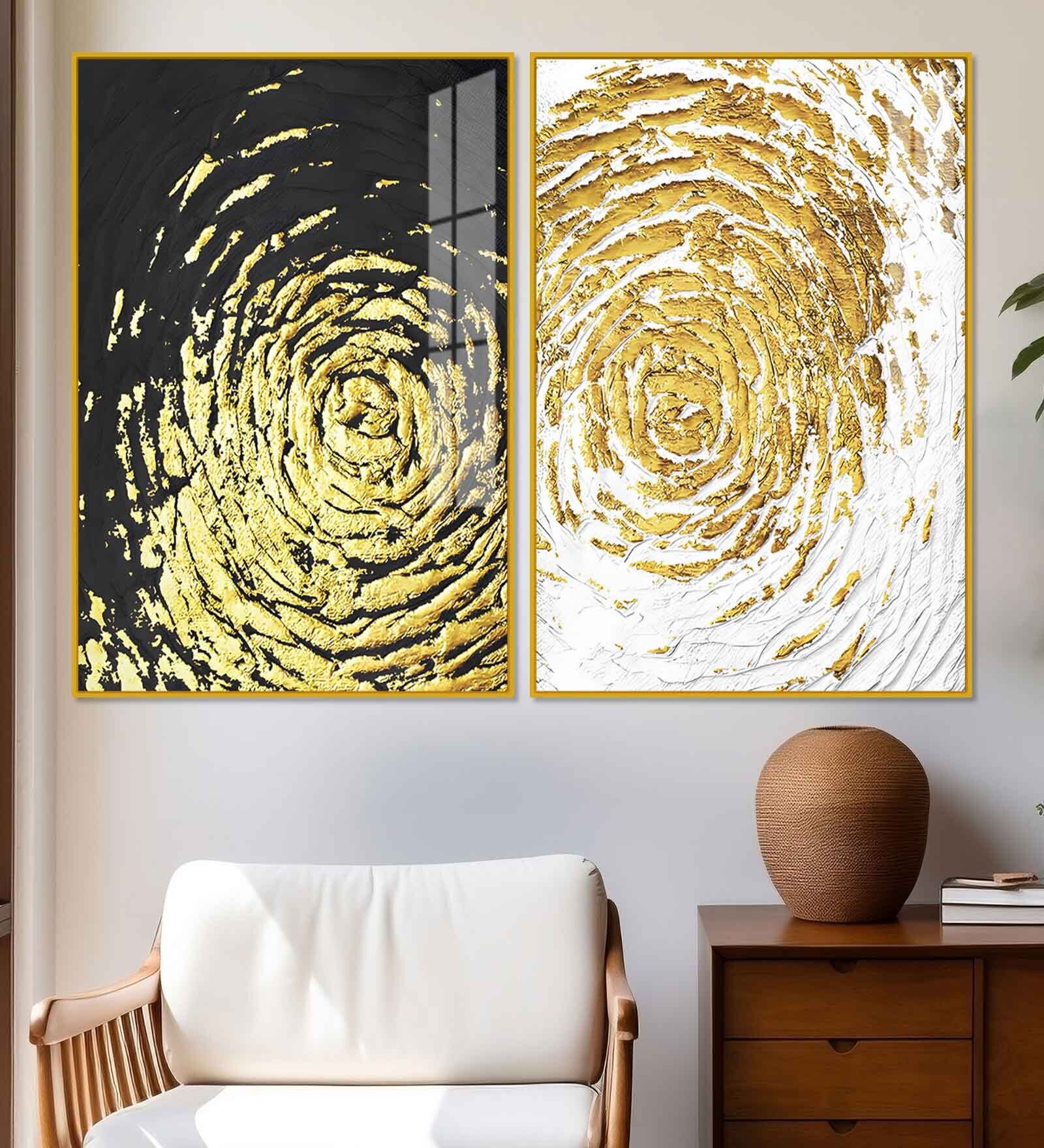 Golden Textured Acrylic Framed Art Panel (Set Of 2)