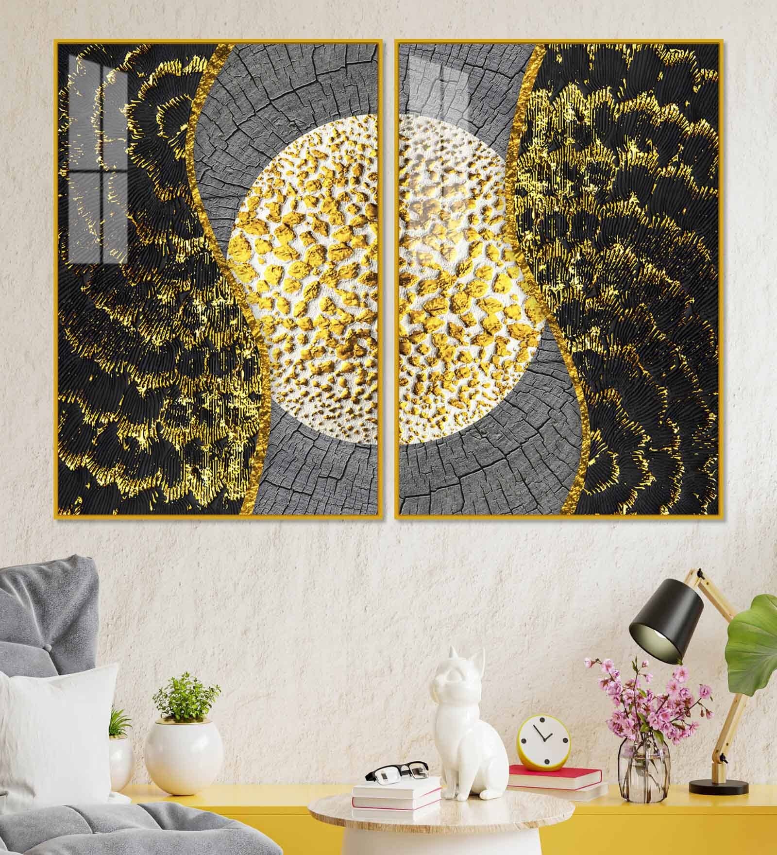 Golden Textured Acrylic Framed Art Panel (Set Of 2)