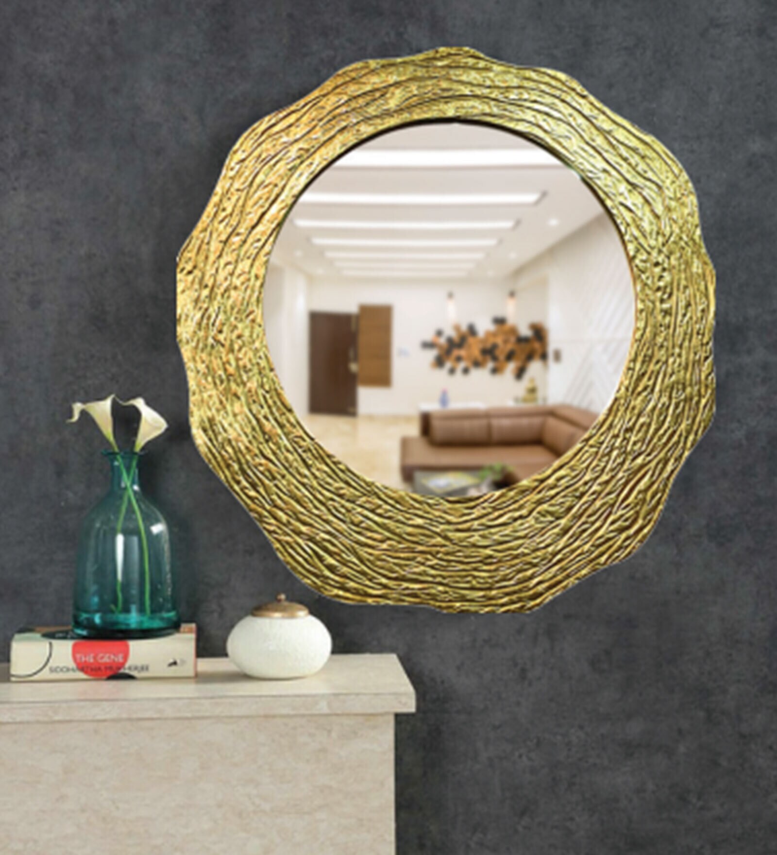 Buy Golden Textured Wall Mirror By Cocovey Online Decorative Mirrors