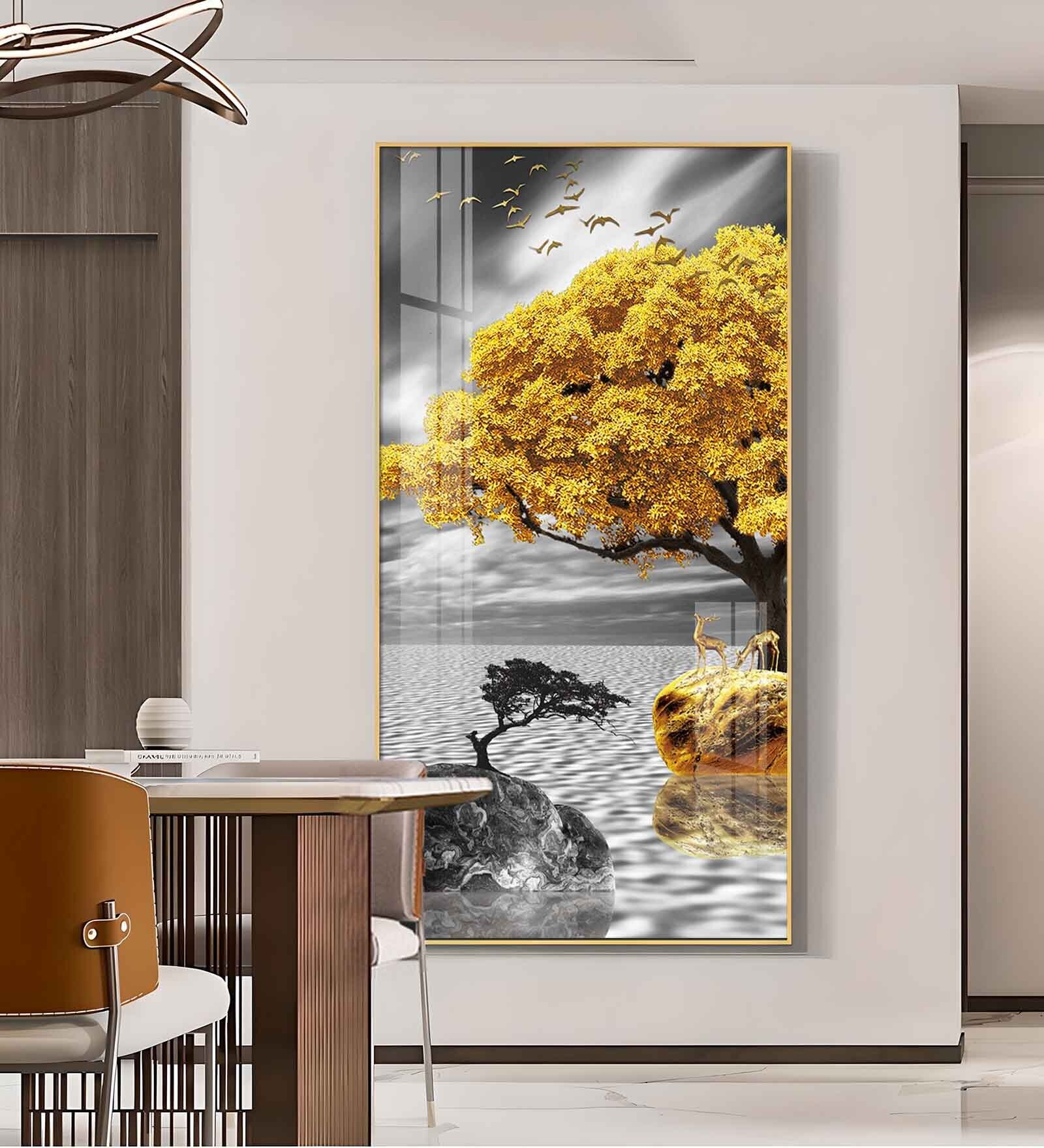 Golden Tree Oasis Glass Finish Vertical Wall Art