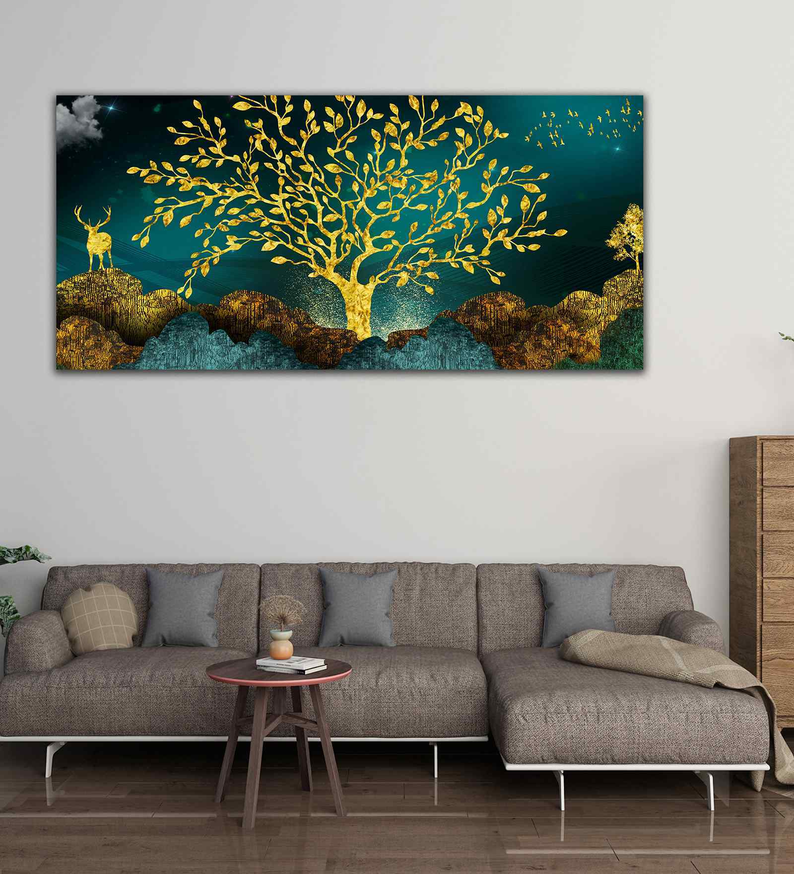 Golden Trees And Deer With Hills Premium Canvas Print Wall Painting