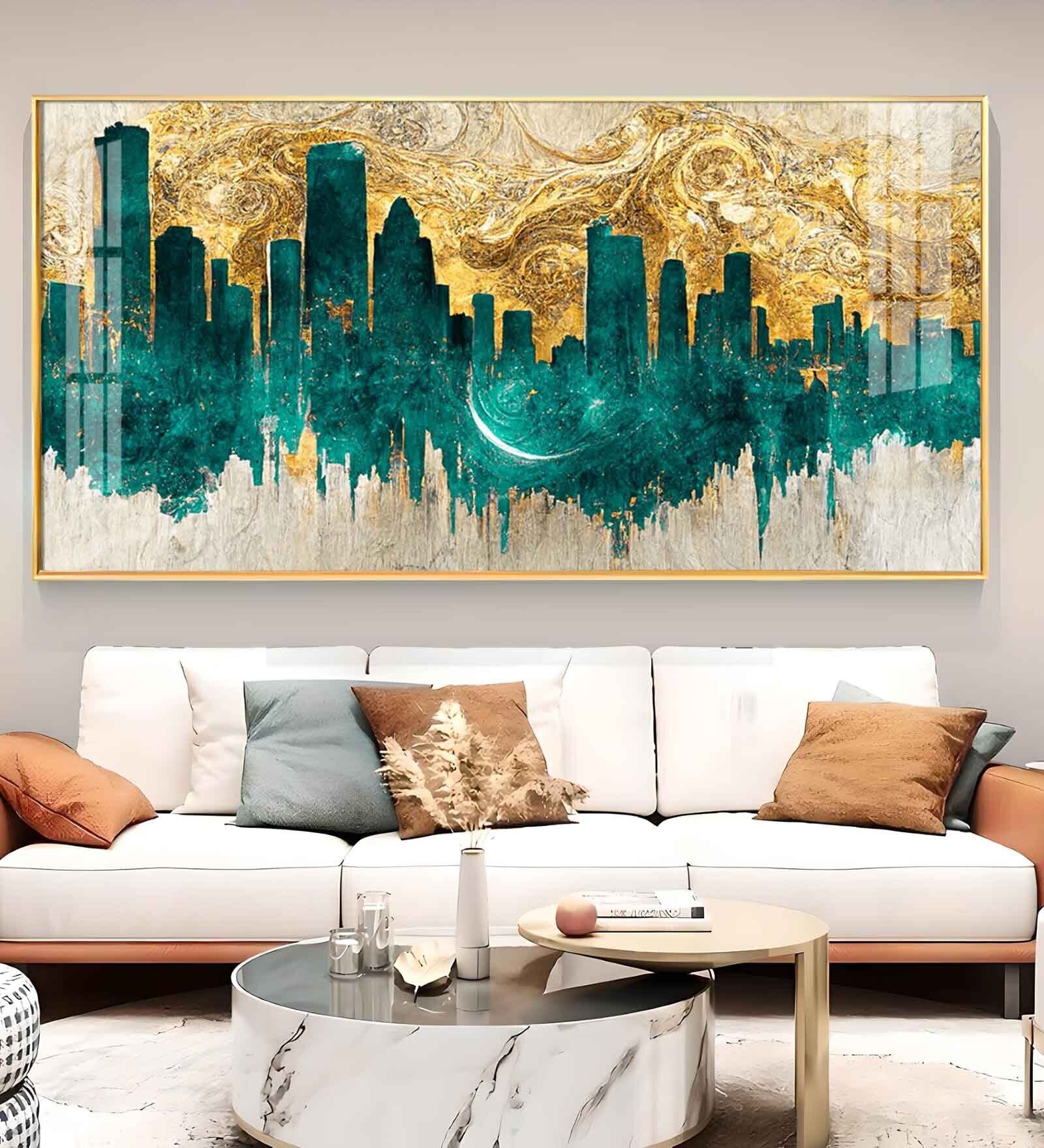 Golden Urban Vista Glass Finish Horizontal Wall Art