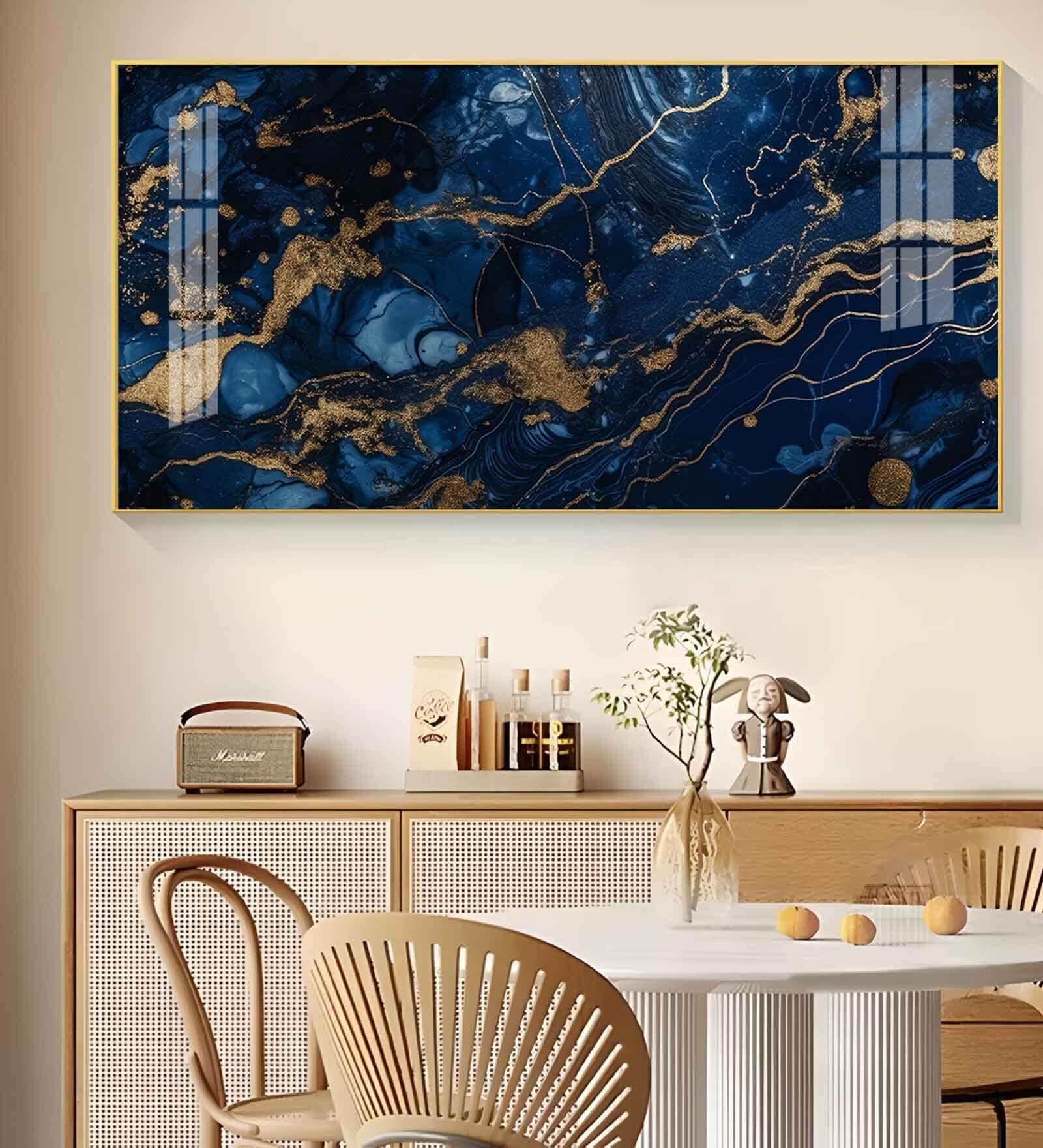 Golden Wavy Lines Glass Finish Horizontal Wall Art