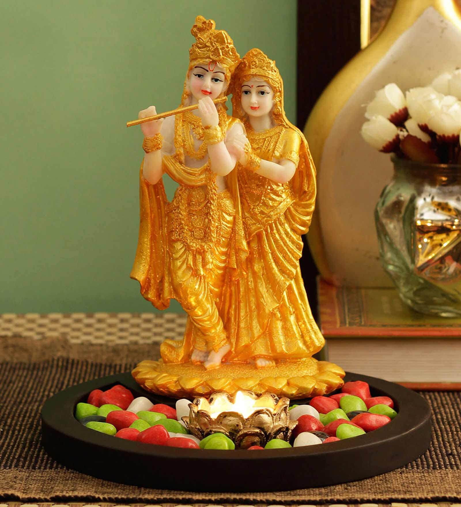 Golden White Polyresin 8.2 Inches Lord Radha-Krishna Idol Statue