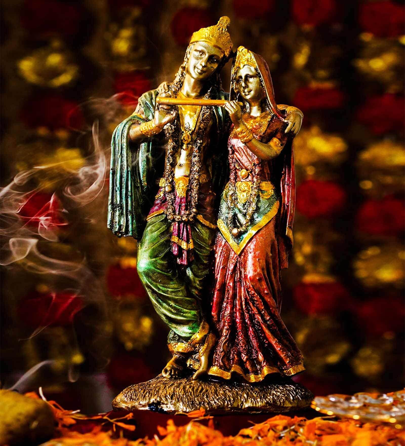 Goldenen Green Polyresin 10.6 Inches Lord Radha-Krishna Idol Statue