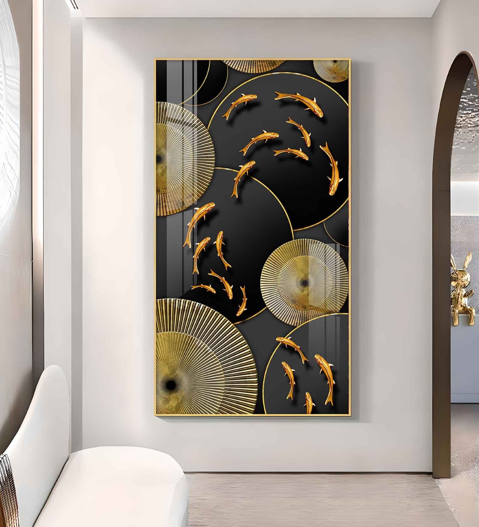 Goldfish Elegance Glass Finish Vertical Wall Art