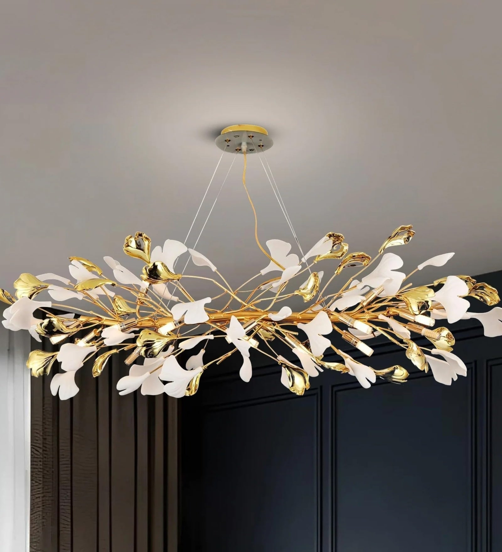 Goldleaf Smart LED Chandelier | Aluminium Leaf Design Ceiling Light | App Control & Voice Assist | 3 Color Modes Pendant Light for Living Room, Dining & Bedroom | 1 Year Warranty