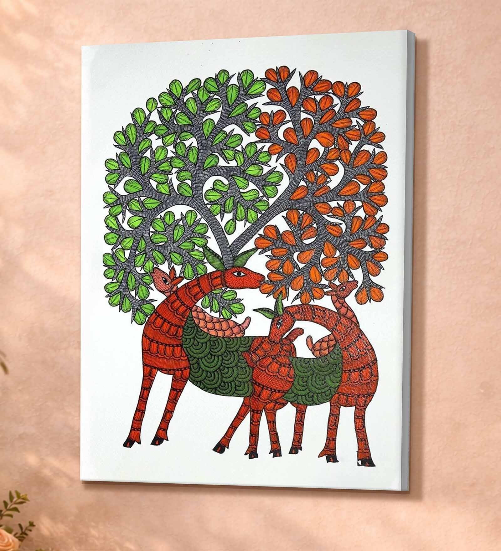 Gond Deer Tree Stretched Canvas Painting