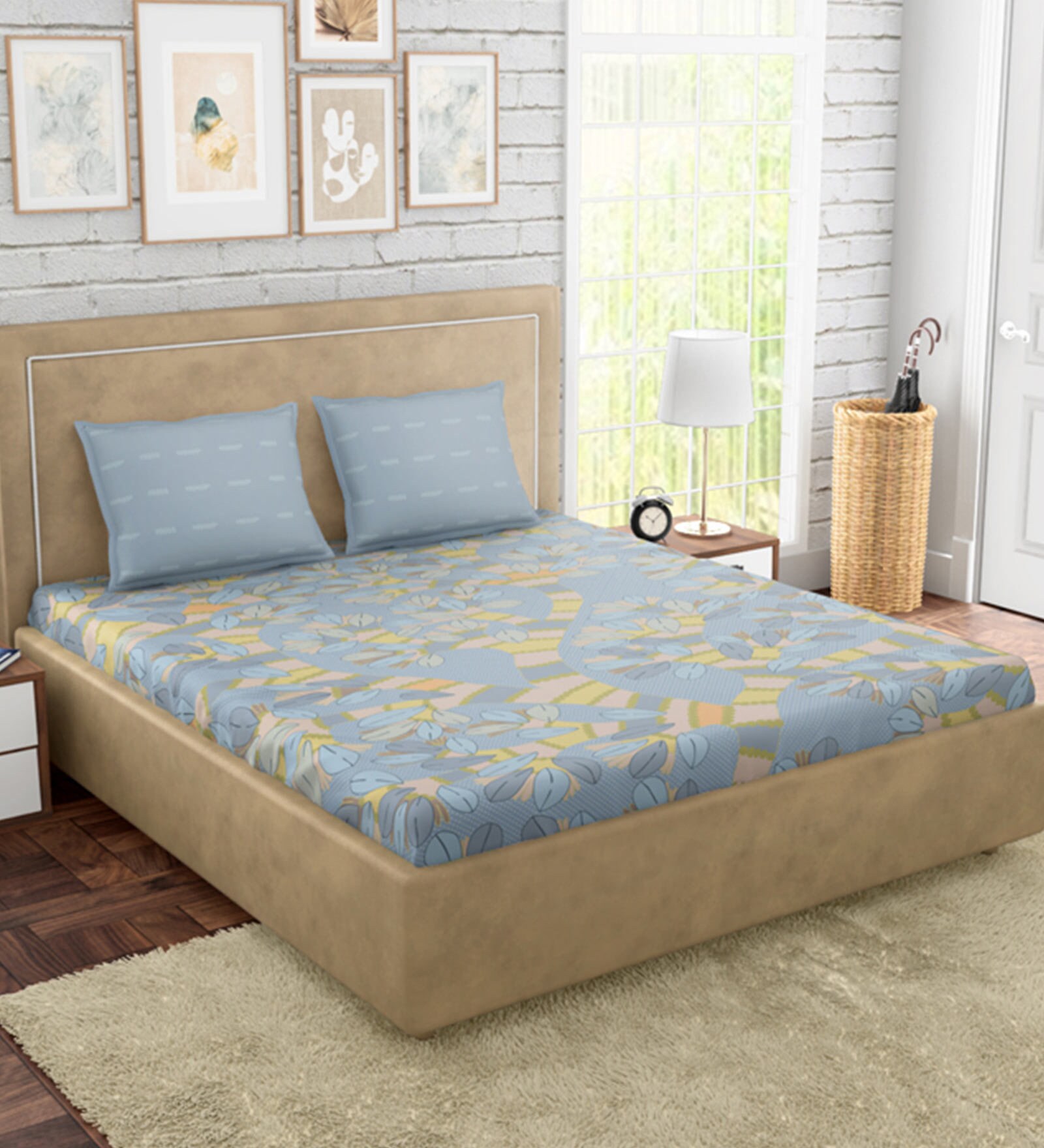 Blue Floral 300 TC 100% Cotton Queen Sized Bed Sheets with 2 Pillow Covers