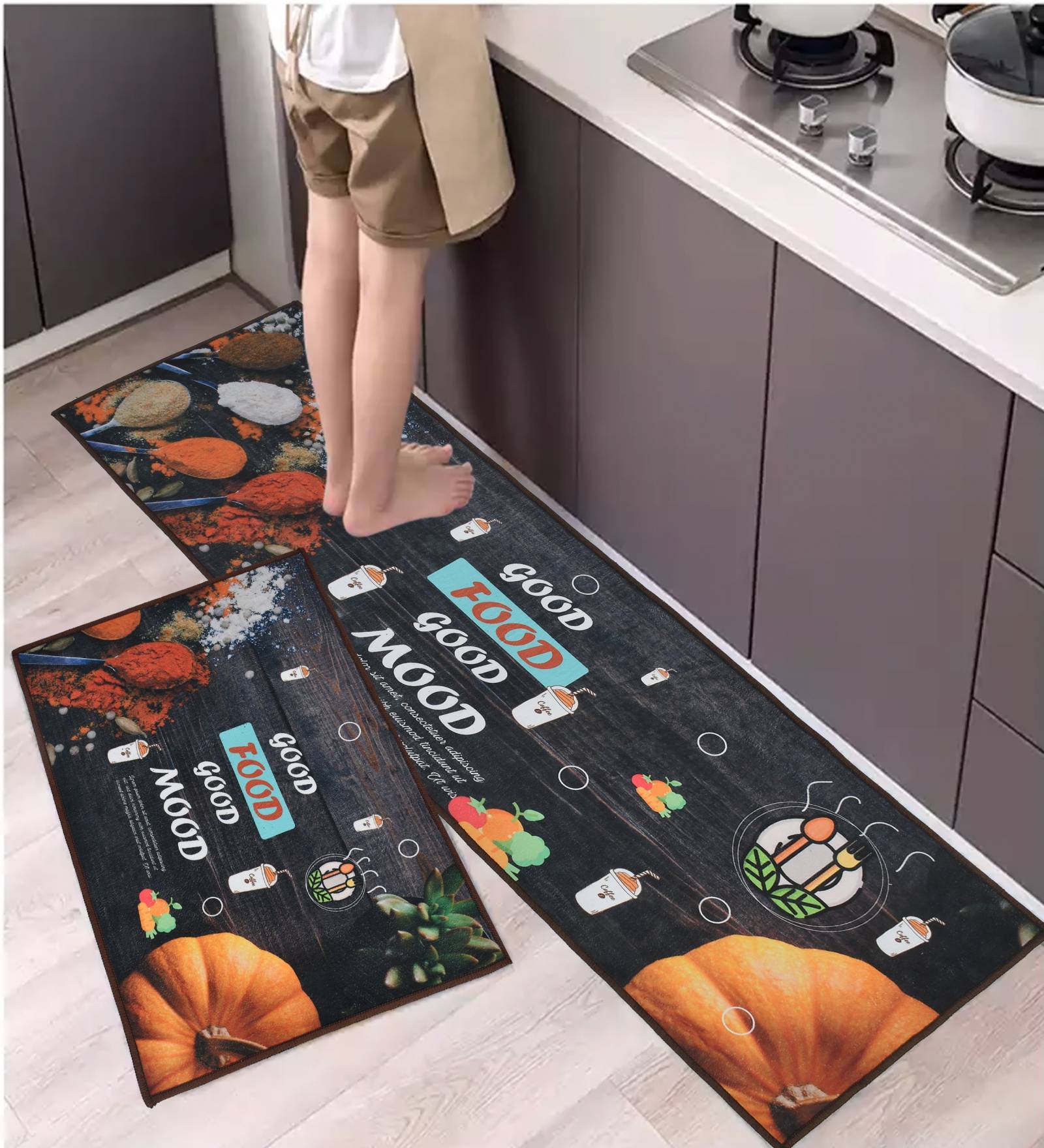 Good Food Good Mood Geometric Digital Printed Max Absorbant Kitchen Floor Runner with Mat Combo