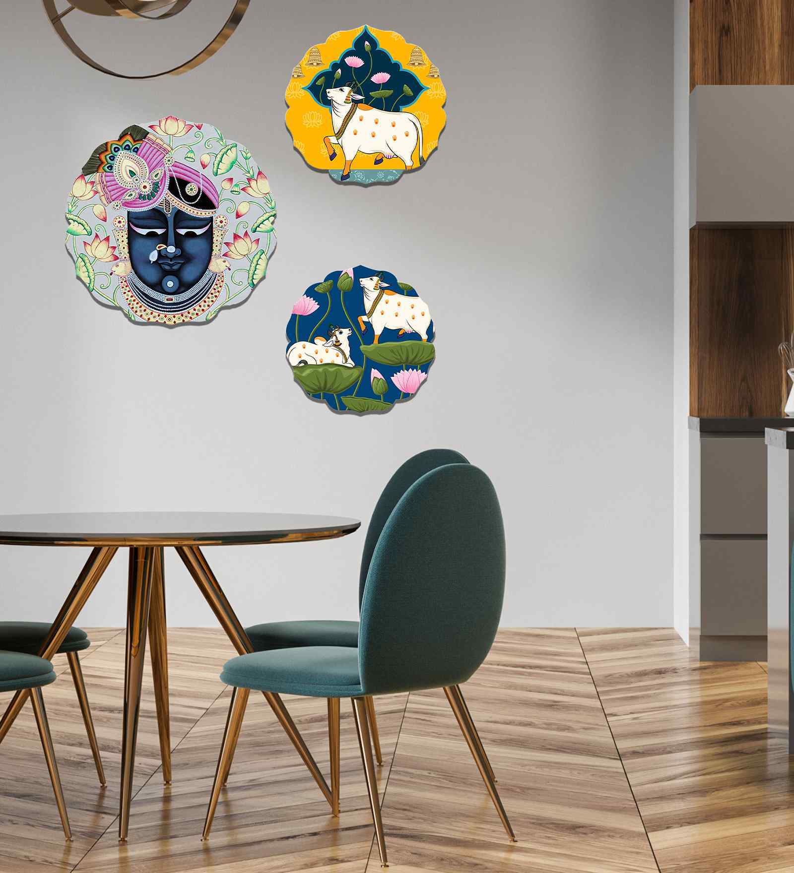 Set of 3  Shrinathji & Sacred Cow Decorative Wall Art