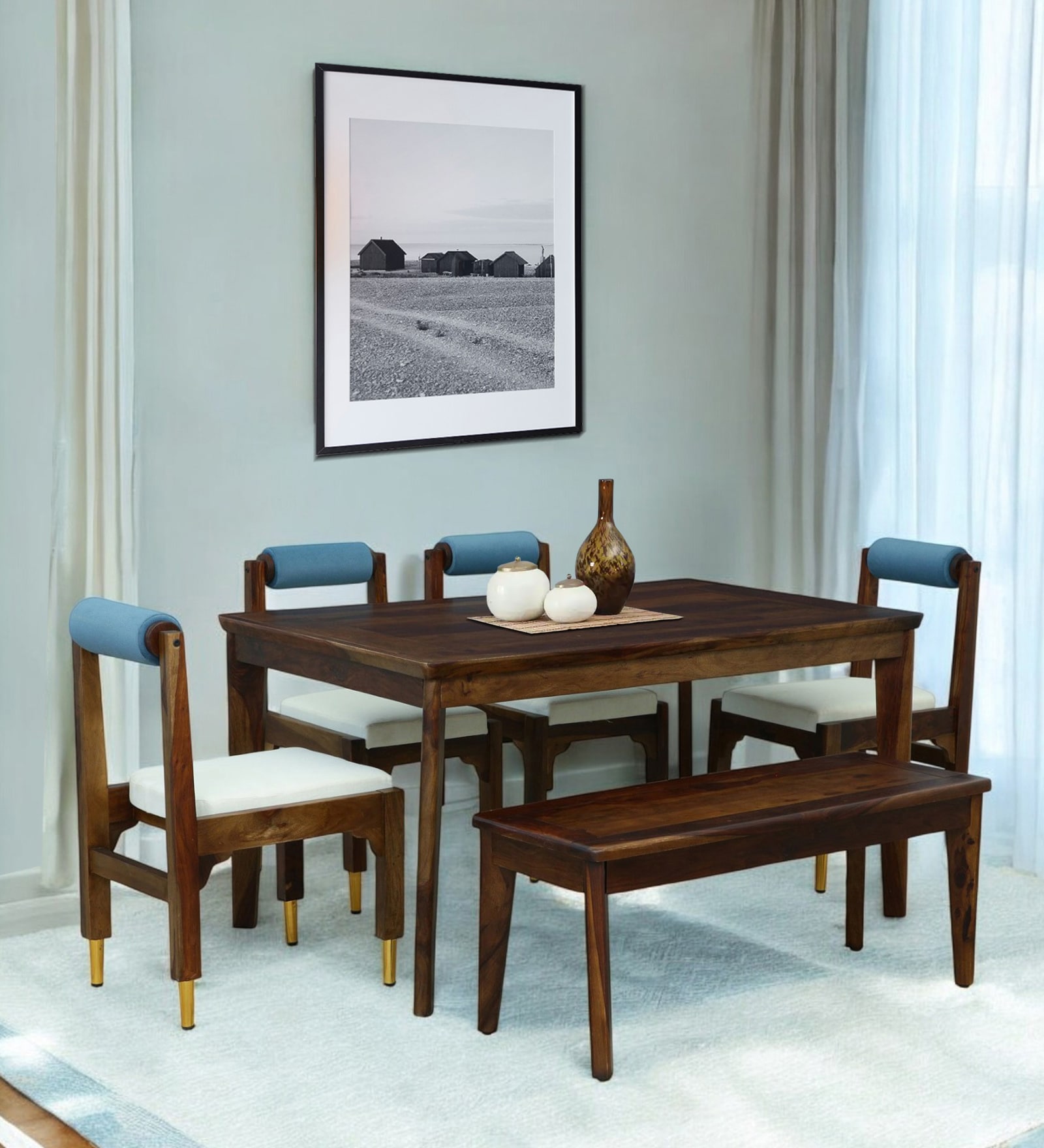 Gorzow Sheesham Wood 6 Seater Dining Set With Bench In Scratch Resistant Provincial Teak Finish