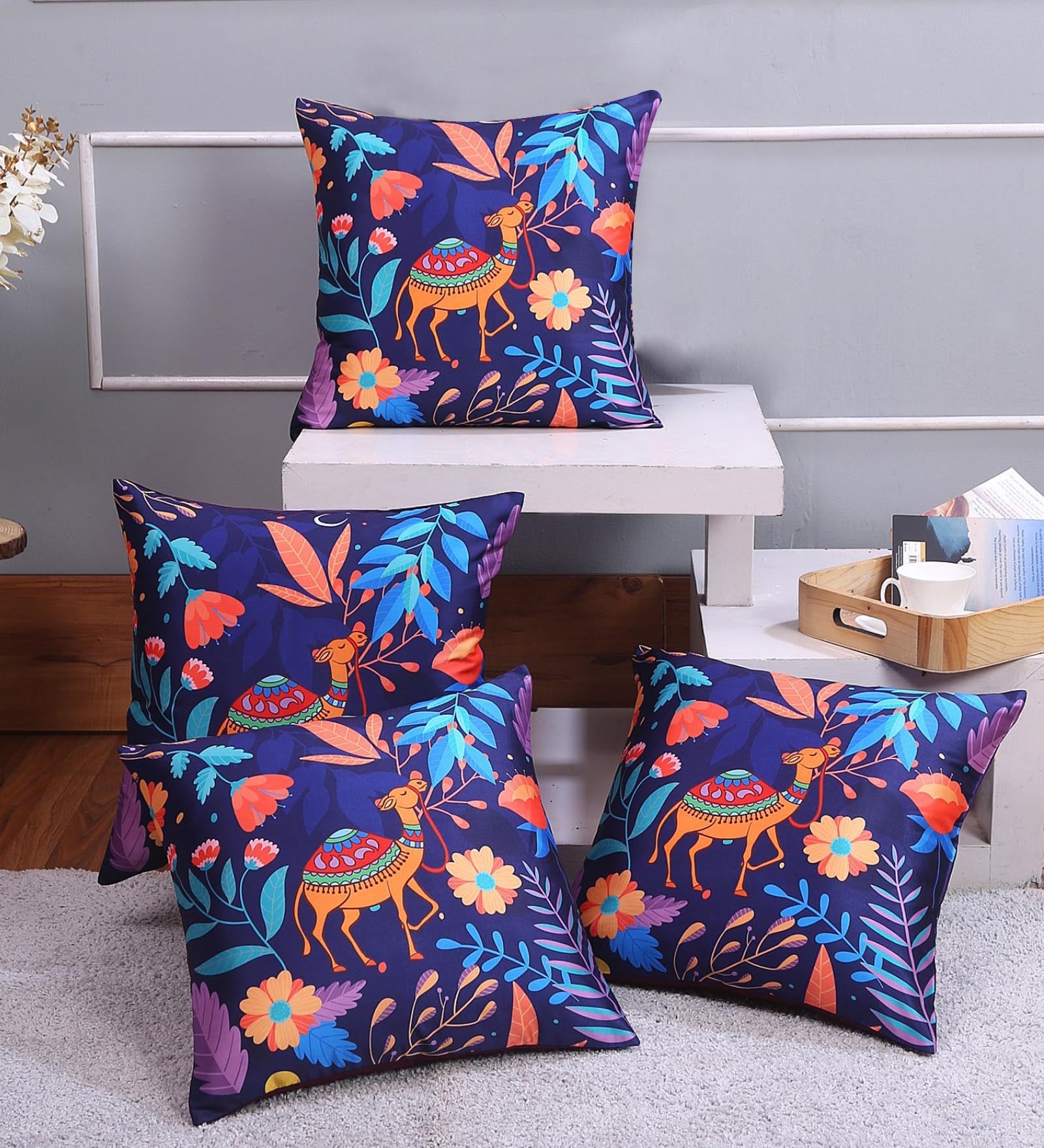Gothic Camel Blue Abstract Silk 12x12 Inches (Set of 4) Cushion Cover