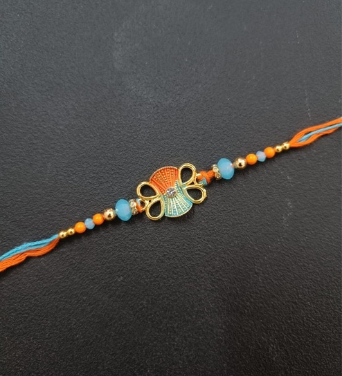 Gold & Blue Antique Butterfly Enamel Rakhi With Soft Thread