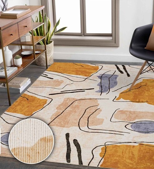 Gold Abstract Polyester 9' X 12' Machine Made Carpet