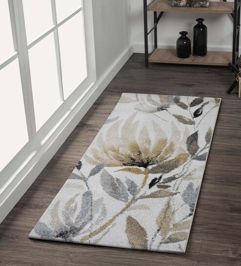 Gold and Grey Floral Polypropylene 5 ft x 2 ft Machine Made Runner