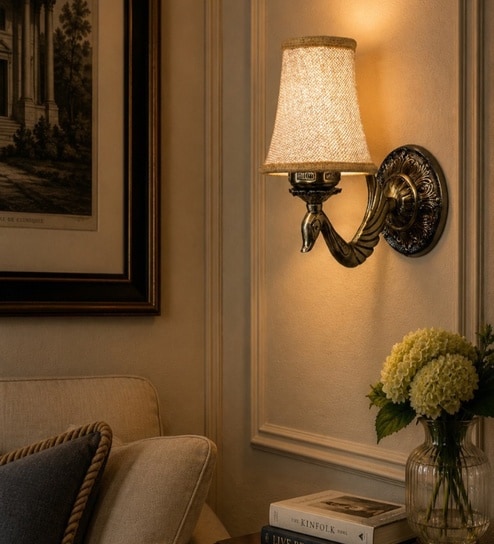 new era Gold Antique Designer Wall Lamp with Beige Jute Shade for Hall & Hotel-picture-30