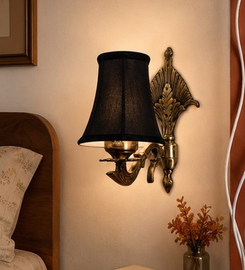 Gold Antique Wall Light with Black Cotton Shade