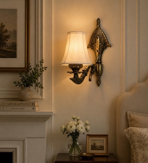 Gold Antique Wall Mounted Lamp with Off-White Cotton Shade