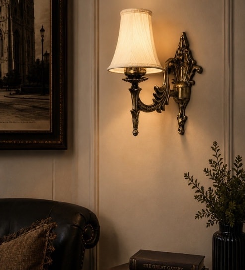new era Gold Antique Wall Sconce with Off-White Cotton Shade-picture-47