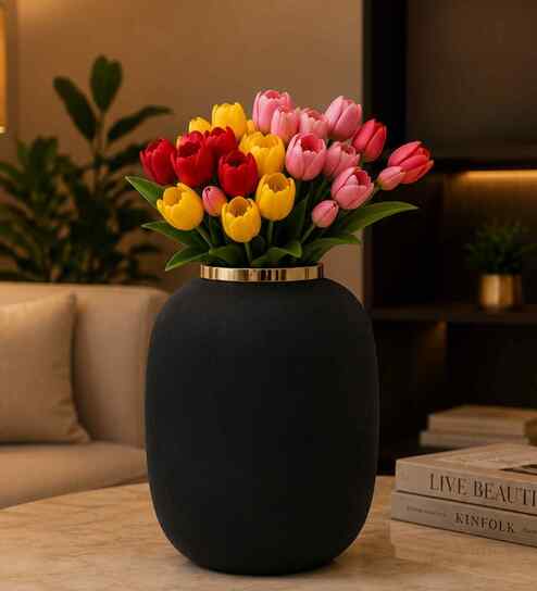 Gold Black Texture Tall Rounded Cylinder Vase For HomeDecor
