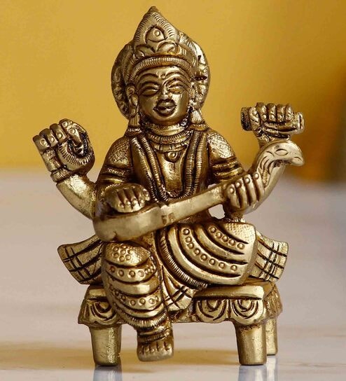 Gold Brass Goddess Saraswati Idol on Chowki by eCraftIndia