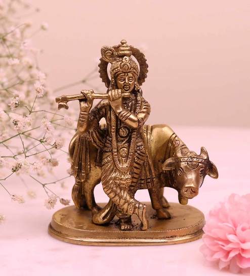 Gold Brass Krishna Playing Bansuri With Cow Idol By Ekaa
