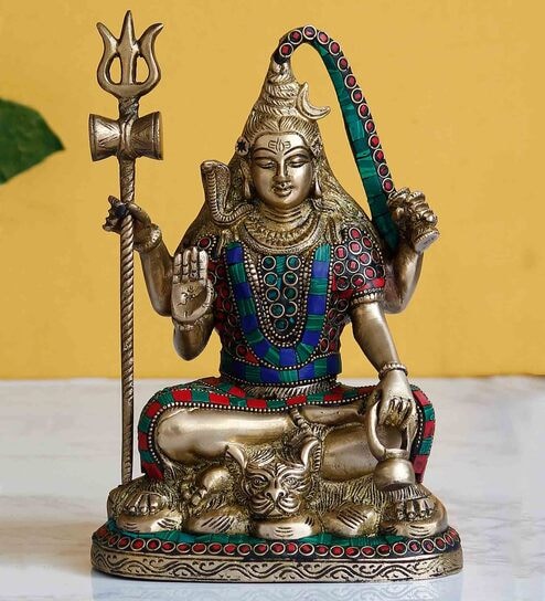 Gold Brass Lord Shiva Idol with Colorful Stone Work by eCraftIndia