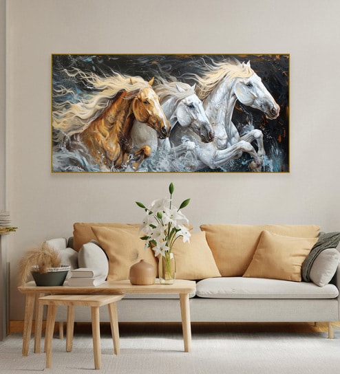 Gold Canvas Framed Majestic Horses Galloping Through Meadow Wall Painting(24X48 Inch)
