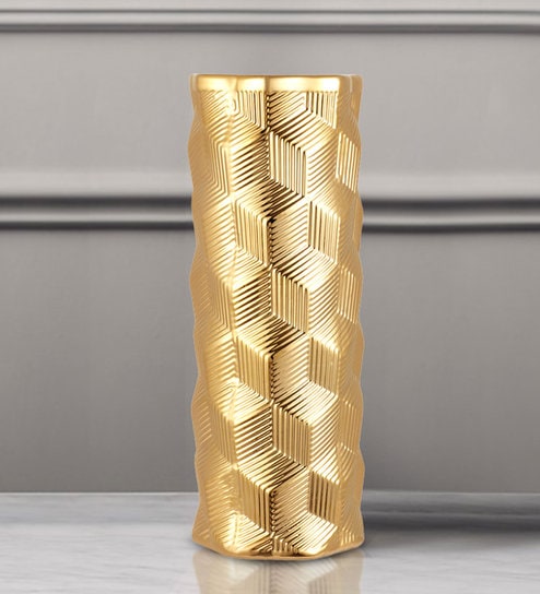 Buy Gold Blake Cube Textured Big Ceramic Vase By Hometown Online