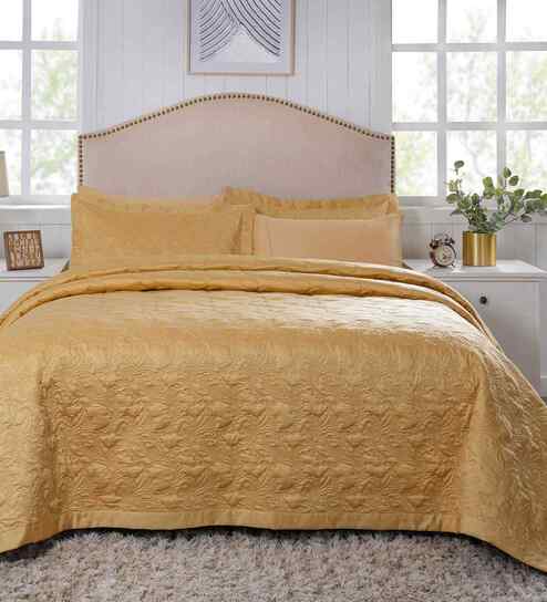 Gold Cotton Polyester Solid & Self Design 145 GSM Double Bed Quilt