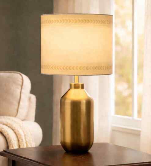 Gold Cylindrical Metal Table Lamp with Printed Shade   Home Decor Lighting