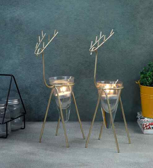 Gold Deer Cone Glass Tealight Holder Set of 2