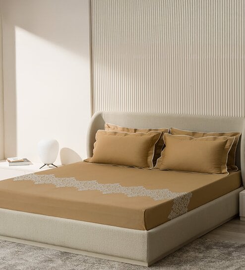 Gold Embroidered 210 TC Cotton King Sized Bedsheet with 2 Pillow Covers