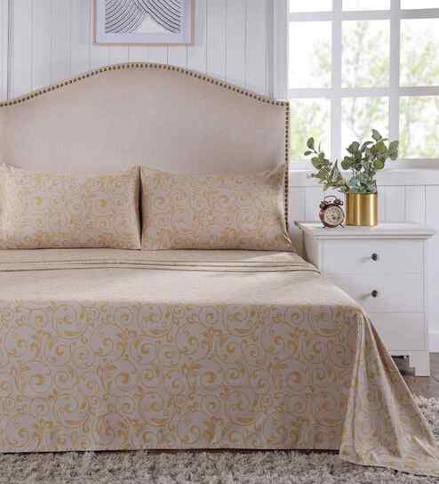 Gold Ethnic Motifs 400 TC Cotton King Size Bed Sheet with 2 Pillow Covers Classical Ornate Collection