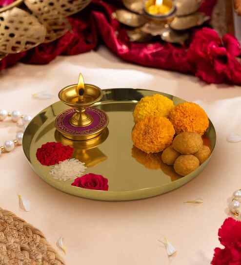 Gold Finish Modern Steel Pooja Thali