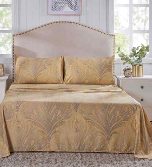 Gold Floral Print 400 TC Cotton King Size Bed Sheet with 2 Pillow Covers Classical Ornate Collection