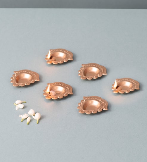 Gold Flower Design Diyas Set of 6