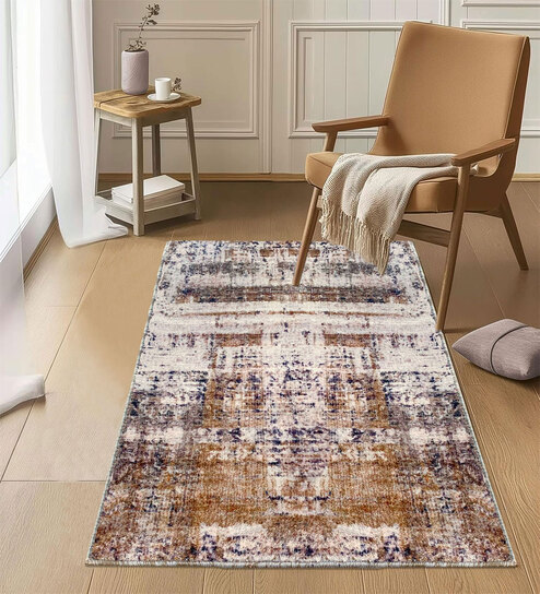 Gold Abstractal Microfiber 3 x 5 Feet Machine Made Carpet