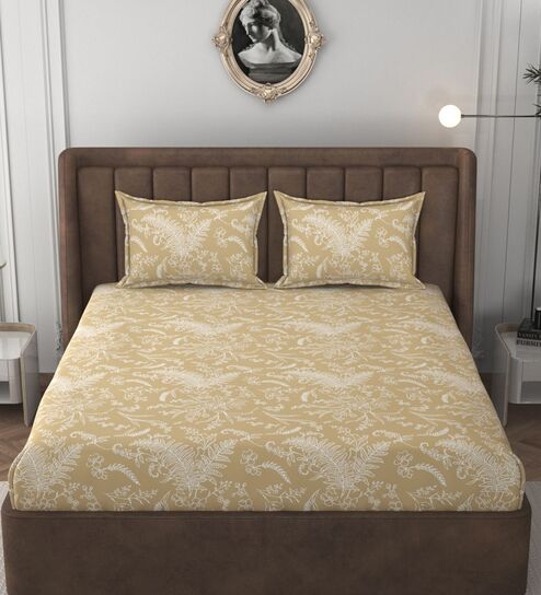 Gold Glace Cotton Floral Print Elastic Fitted King Bedsheet With 2 Pillow Covers